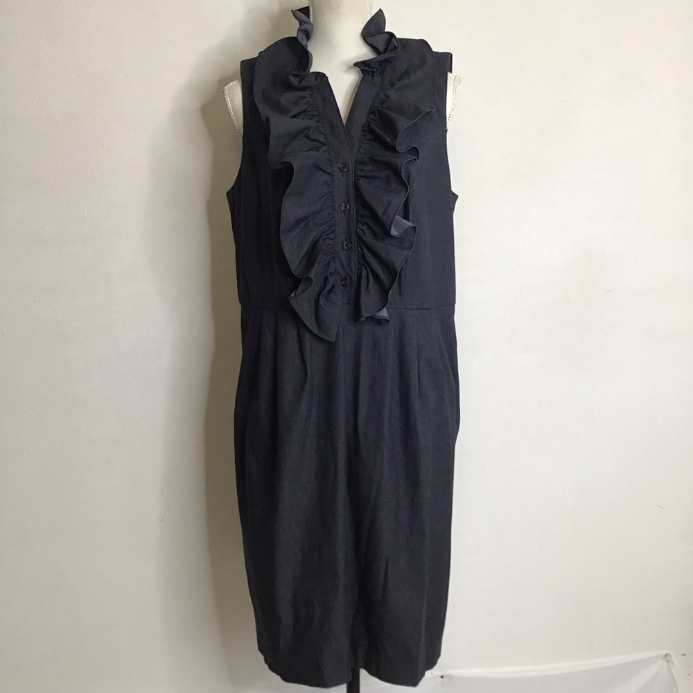 R & M RICHARDS DEEP NAVY BLUE DENIUM LIKE SLEEVELESS RUFFLE CAREER DRESS SZ 14W